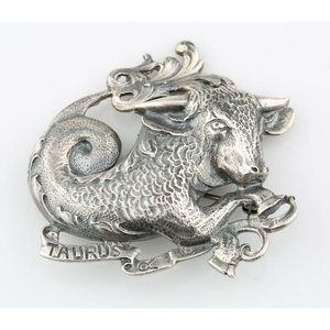 Sterling Silver Taurus Brooch by Guglielmo Cini Zodiac Bull Astrology Pin Back